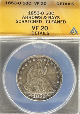 1853-O Liberty Seated Half Dollar VF Details ANACS Arrows