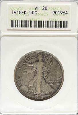 1918-D Walking Liberty Half Dollar VF20 ANACS