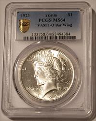 1923 Peace Silver Dollar VAM-1O TOP-50 Bar Wing R6 MS64 PCGS GSH