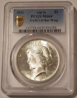 1923 Peace Silver Dollar VAM-1O TOP-50 Bar Wing R6 MS64 PCGS GSH