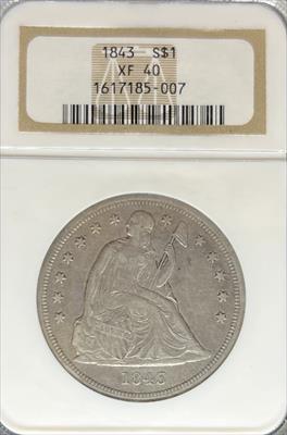 1843 Liberty Seated Dollar XF40 NGC