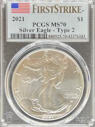 2021 T2 Silver Eagle MS70 PCGS First Strike