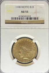 1908 $10 Indian Motto AU55 NGC AU53