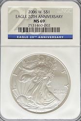 2006-W Silver Eagle MS69 NGC 20th Anniversary