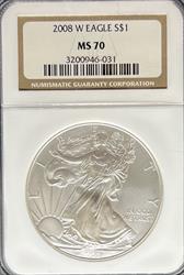 2008 Silver Eagle MS70 NGC