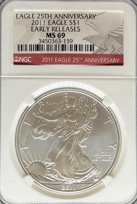 2011 Silver Eagle MS69 NGC Early Release 25th Anniversary