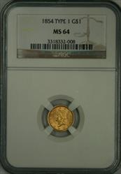 1854 T1 Gold Dollar MS64 NGC