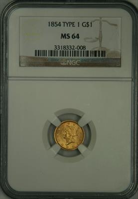 1854 T1 Gold Dollar MS64 NGC