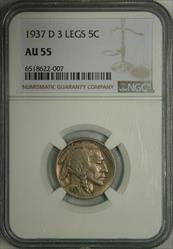 1937-D 3 Legs Buffalo Nickel AU55 NGC