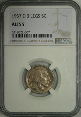 1937-D 3 Legs Buffalo Nickel AU55 NGC