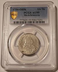 Germany States Mecklenburg-Schwerin 1754 OHK Silver 1/6 Thaler AU55 PCGS GSH