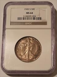 1945 S Walking Liberty Half Dollar MS64 NGC Toned
