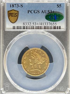 1873-S $5 Liberty AU53+ PCGS CAC