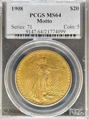 1908 Motto $20 St Gaudens MS64 PCGS