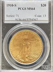 1910-S $20 St Gaudens MS64 PCGS