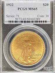 1922 $20 St Gaudens MS65 PCGS