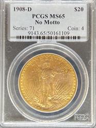 1908-D Nm $20 St Gaudens MS65 PCGS