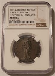 Great Britain 1794 1/2 Penny Conder Token Suffolk - Bungay D&H-22D AU58 BN NGC
