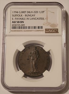 Great Britain 1794 1/2 Penny Conder Token Suffolk - Bungay D&H-22D AU58 BN NGC