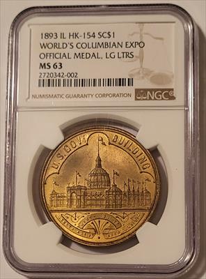 1893 Chicago IL World's Columbian Expo So-Called Dollar Medal HK-154 Large Letters R2 MS63 NGC