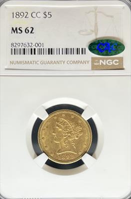 1892-CC $5 Liberty MS62 NGC CAC