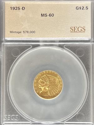 1925-D $2.5 Indian MS60 SEGS