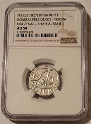 India Bombay Presidency 1827 Poona Nagphani Shah Alam II Silver Rupee AU58 NGC