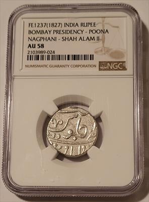 India Bombay Presidency 1827 Poona Nagphani Shah Alam II Silver Rupee AU58 NGC