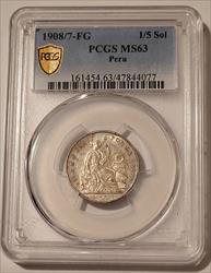 Peru 1908/7 FG Silver 1/5 Sol MS63 PCGS GSH Toning