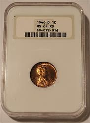 1946 D Lincoln Wheat Cent MS67 RED NGC OH