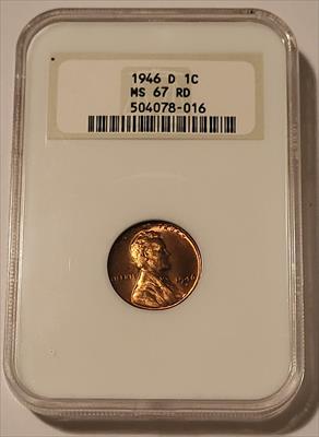 1946 D Lincoln Wheat Cent MS67 RED NGC OH