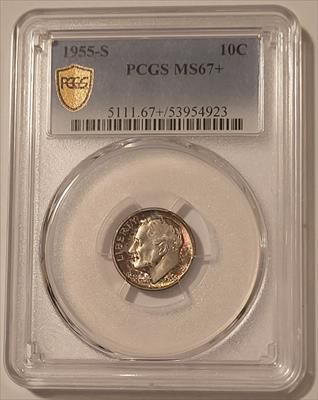 1955 S Roosevelt Dime MS67+ PCGS GSH Toning