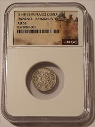 France Provence Raymond V-VII (1148-1249) Silver Denier AU53 NGC