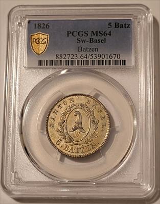 Switzerland - Swiss Cantons - Basel 1826 Silver 5 Batzen MS64 PCGS GSH