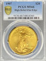1907 HR $20 St Gaudens MS66 PCGS Flat Edge