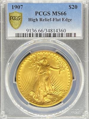 1907 HR $20 St Gaudens MS66 PCGS Flat Edge