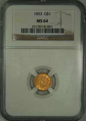 1853 T1 Gold Dollar MS64 NGC