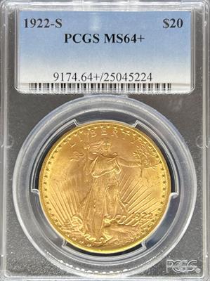 1922-S $20 St Gaudens MS64+ PCGS