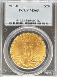 1913-D $20 St Gaudens MS65 PCGS