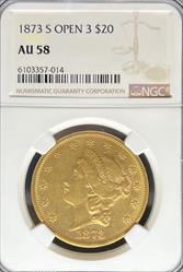 1873-S $20 Liberty Open 3 AU58 NGC