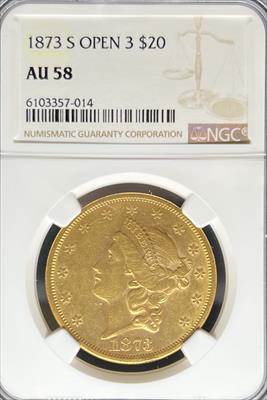 1873-S $20 Liberty Open 3 AU58 NGC