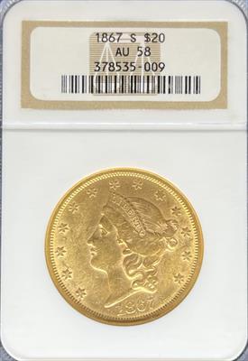 1867-S $20 Liberty AU58 NGC