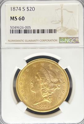1874-S $20 Liberty MS60 NGC