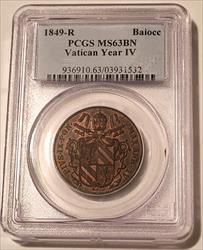 Papal States - Vatican City - Pius IX 1849 R Baiocco Year IV MS63 BN PCGS - Rare Date