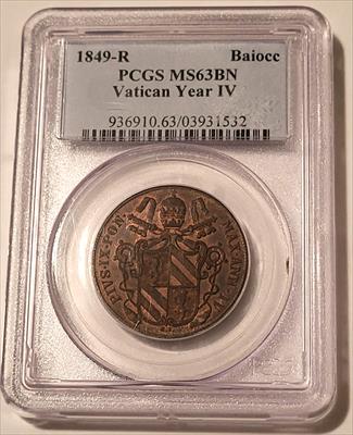 Papal States - Vatican City - Pius IX 1849 R Baiocco Year IV MS63 BN PCGS - Rare Date