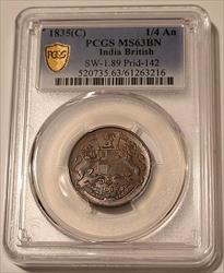 India - British - 1835 (C) 1/4 Anna MS63 BN PCGS GSH