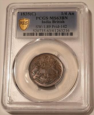 India - British - 1835 (C) 1/4 Anna MS63 BN PCGS GSH