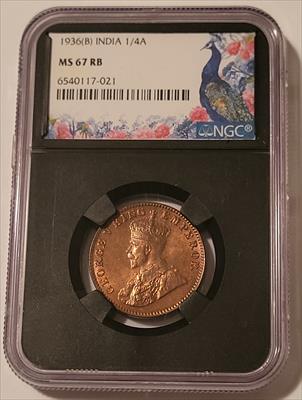 India - British - George V 1936 (B) 1/4 Anna MS67 RB NGC Retro Holder/Peafowl Label