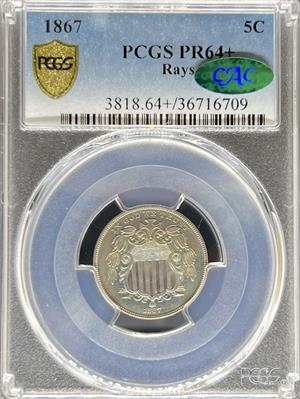 1867 W/Rays Shield Nickel PR64+ PCGS CAC