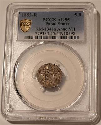 Papal States (Vatican City) Pius IX 1852 R Silver 5 Baiocchi Year 12 AU55 PCGS GSH